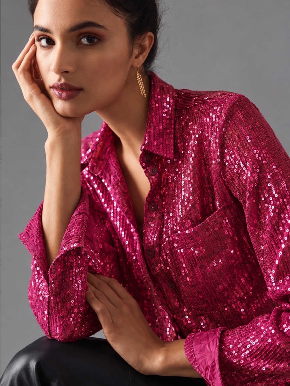 Pilcro Anthropologie Hot Pink Sequin Blouse Size S NWOT